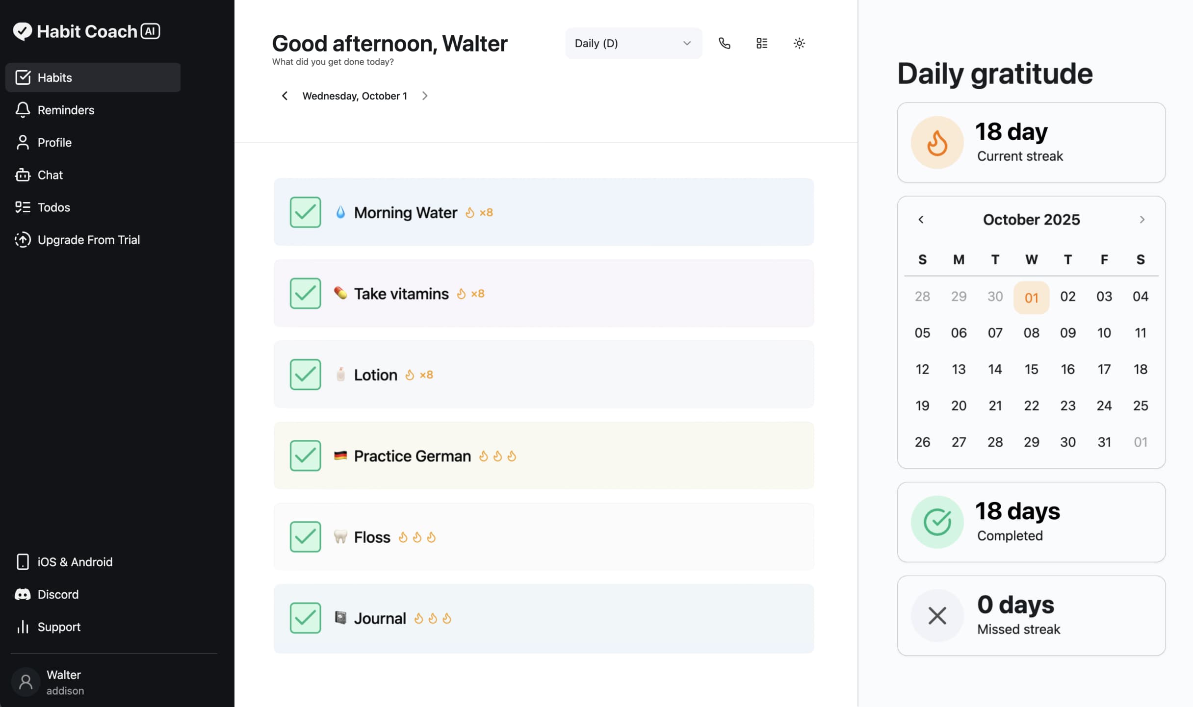 Habit Coach AI dashboard: today's habits with checkmarks, an 18-day streak and a monthly calendar